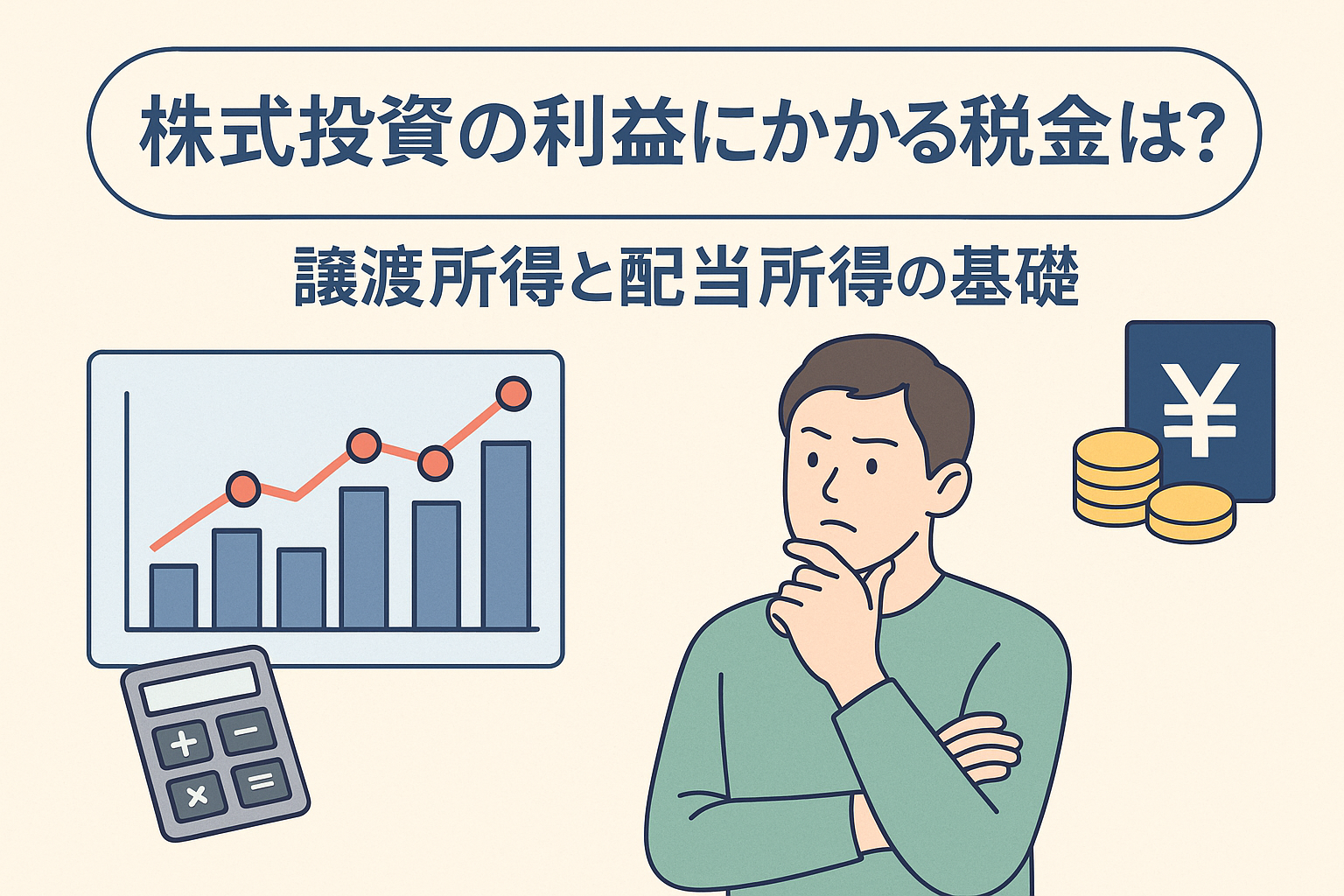 株式投資の利益にかかる税金をテーマにしたアイキャッチ画像。株価チャート、電卓、硬貨を背景に「株式投資の利益にかかる税金は? 譲渡所得と配当所得の基礎」と記載された親しみやすいイラスト。