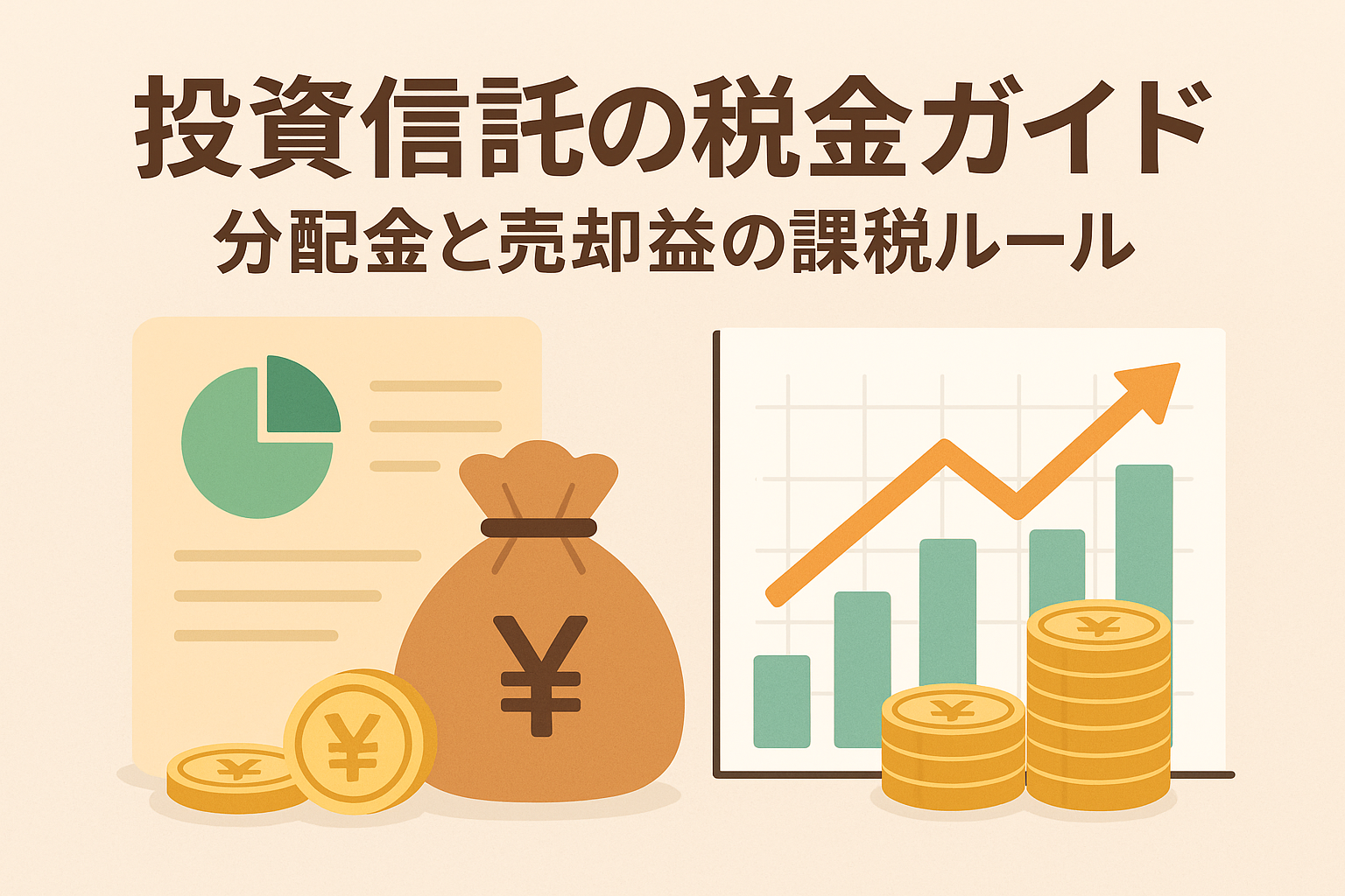 投資信託の税金ガイド用アイキャッチ画像。分配金を象徴するコインやお金の袋、売却益を示す上昇グラフと書類を背景に「投資信託の税金ガイド 分配金と売却益の課税ルール」と記載。