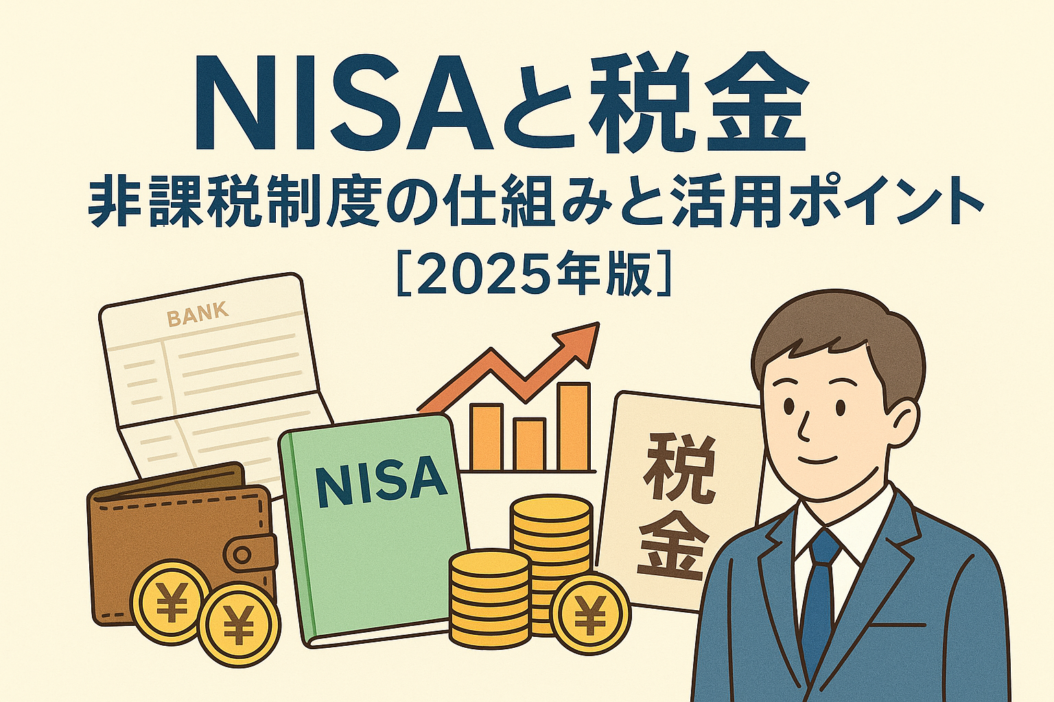 NISAと税金をテーマにしたアイキャッチ画像。財布やコイン、銀行通帳、NISA冊子、税金の書類、上昇するグラフ、ビジネスマンのイラストを背景に「NISAと税金｜非課税制度の仕組みと活用ポイント【2025年版】」と記載。