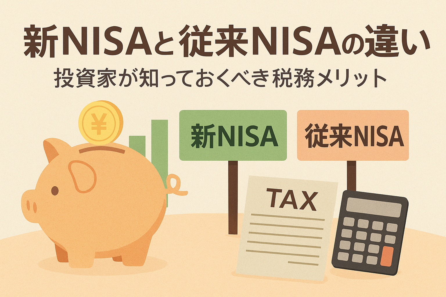 新NISAと従来NISAの違いをテーマにしたアイキャッチ画像。豚の貯金箱、グラフ、税金書類、電卓を背景に「新NISAと従来NISAの違い 投資家が知っておくべき税務メリット」と記載。