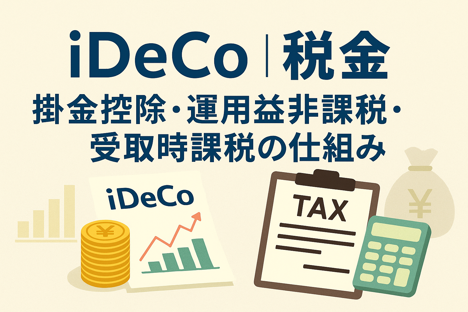 iDeCoと税金をテーマにしたアイキャッチ画像。グラフ、コイン、電卓、税金書類のイラストを背景に「iDeCoと税金|掛金控除・運用益非課税・受取時課税の仕組み」と記載。