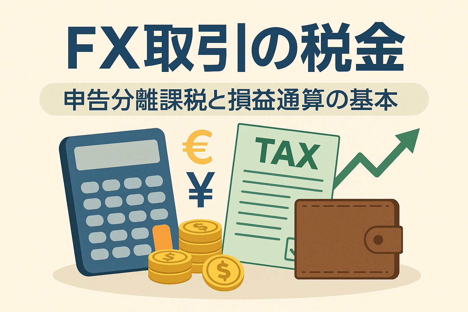 FX取引の税金をテーマにしたアイキャッチ画像。電卓、コイン、為替記号、税金書類、上昇グラフを背景に「FX取引の税金|申告分離課税と損益通算の基本」と記載。