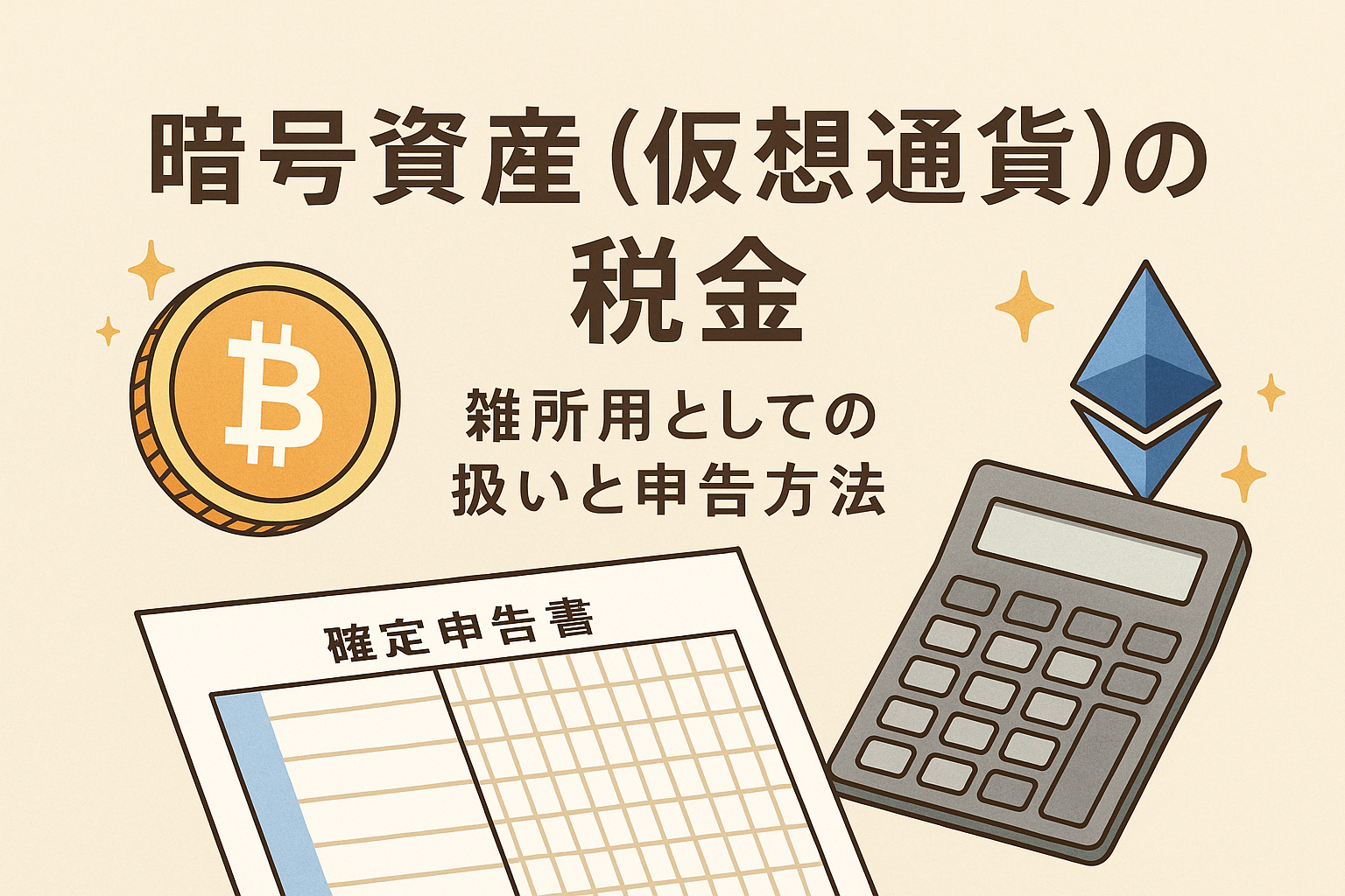 暗号資産(仮想通貨)の税金に関するアイキャッチ画像。ビットコインとイーサリアムのイラスト、電卓、確定申告書を背景に「暗号資産(仮想通貨)の税金|雑所得としての扱いと申告方法」と記載。