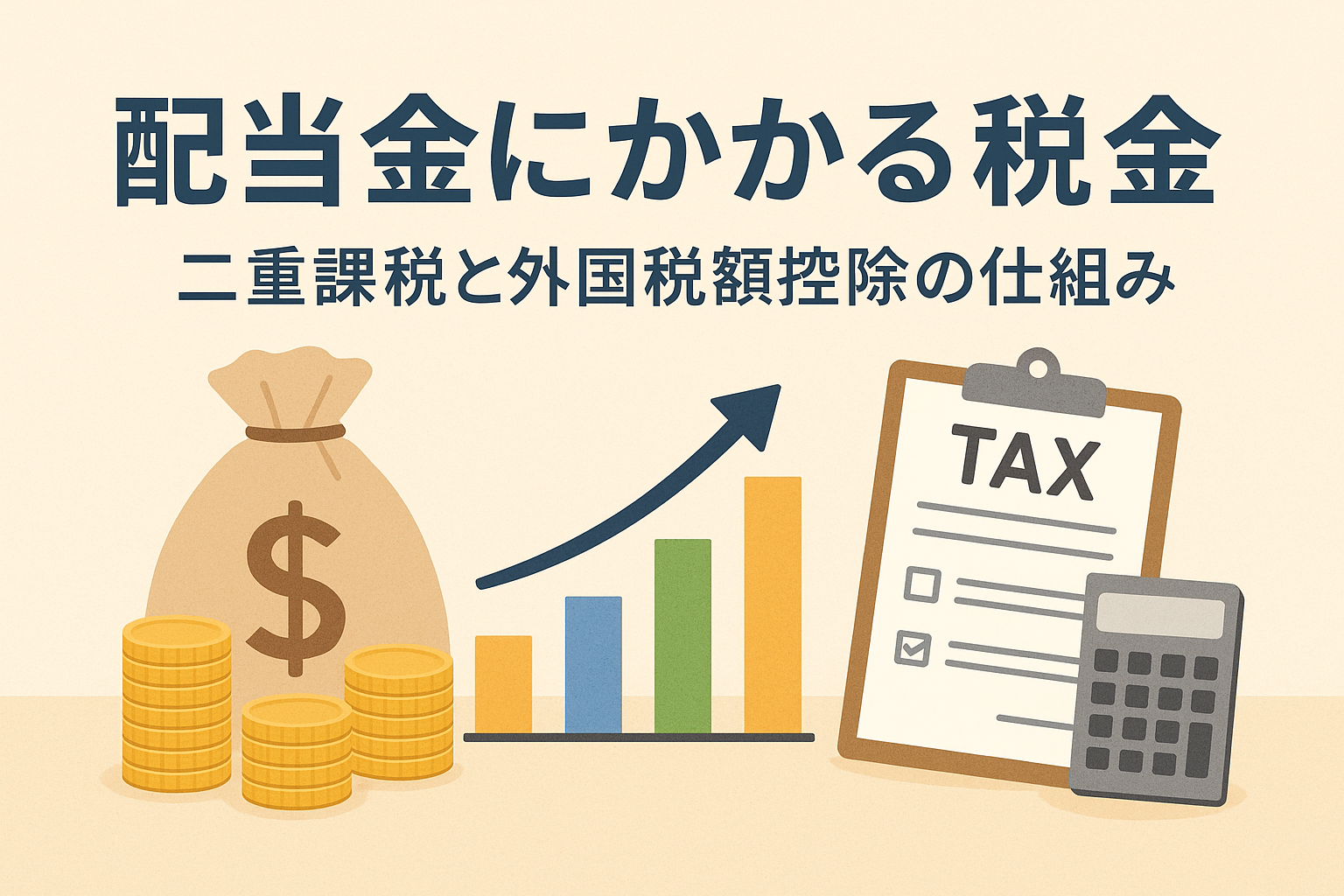 配当金の税金をテーマにしたアイキャッチ画像。ドル袋、コイン、上昇するグラフ、電卓、TAXと書かれた書類を背景に「配当金にかかる税金|二重課税と外国税額控除の仕組み」と記載。