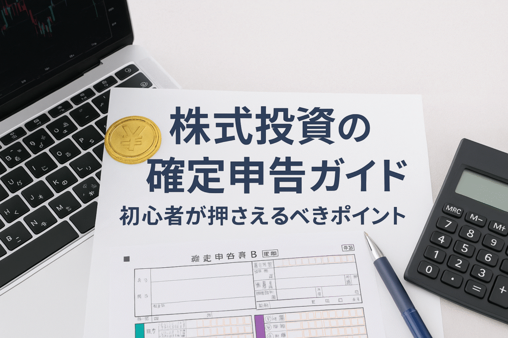 株式投資の確定申告ガイドをテーマにしたアイキャッチ画像。パソコンの株価チャート、円コイン、確定申告書、電卓とペンを背景に「株式投資の確定申告ガイド|初心者が押さえるべきポイント」と記載。