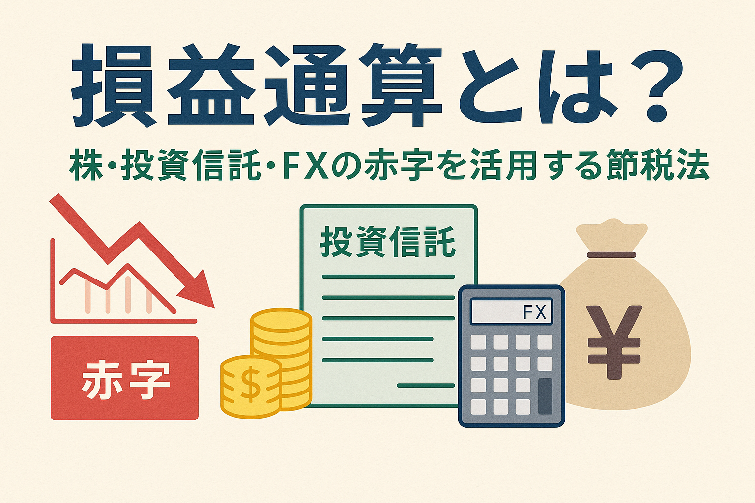 損益通算をテーマにしたアイキャッチ画像。株価の下落グラフ、投資信託の書類、コイン、電卓、円マークの袋を背景に「損益通算とは?株・投資信託・FXの赤字を活用する節税法」と記載。