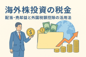 海外株投資に関する税金の仕組みを示すイラスト。配当・売却益・外国税額控除をテーマに、投資家とグローバルな金融要素を表現。