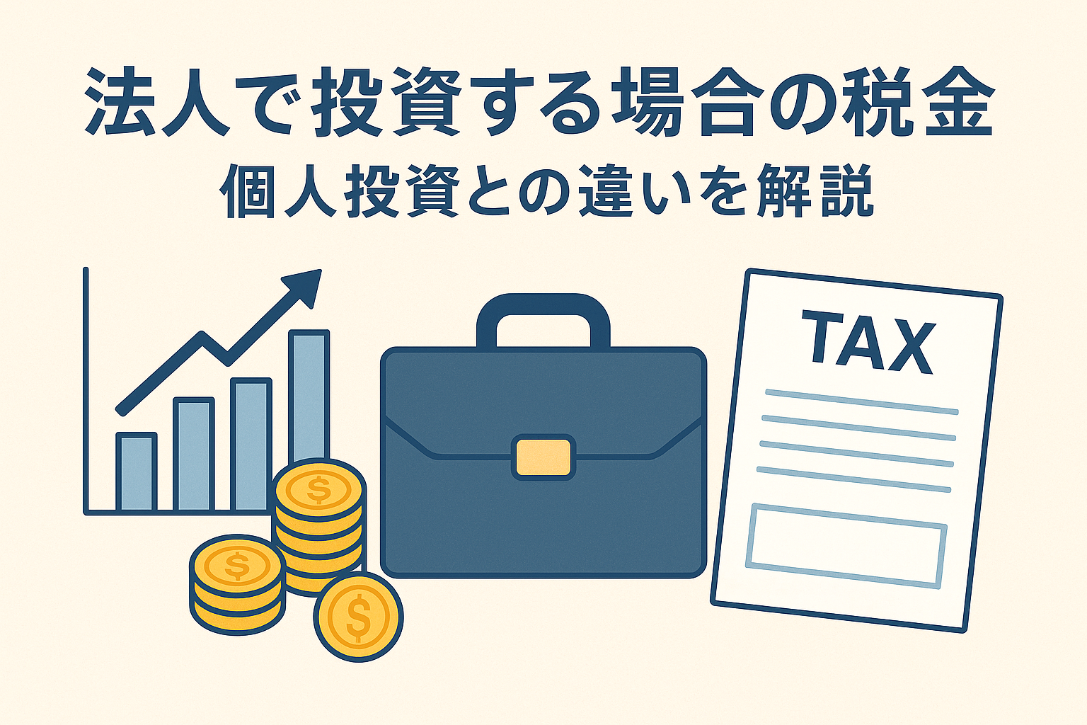 法人で投資する場合の税金と個人投資の違いを表現したイラスト。グラフ、コイン、ビジネスバッグ、税金書類を組み合わせたデザイン。