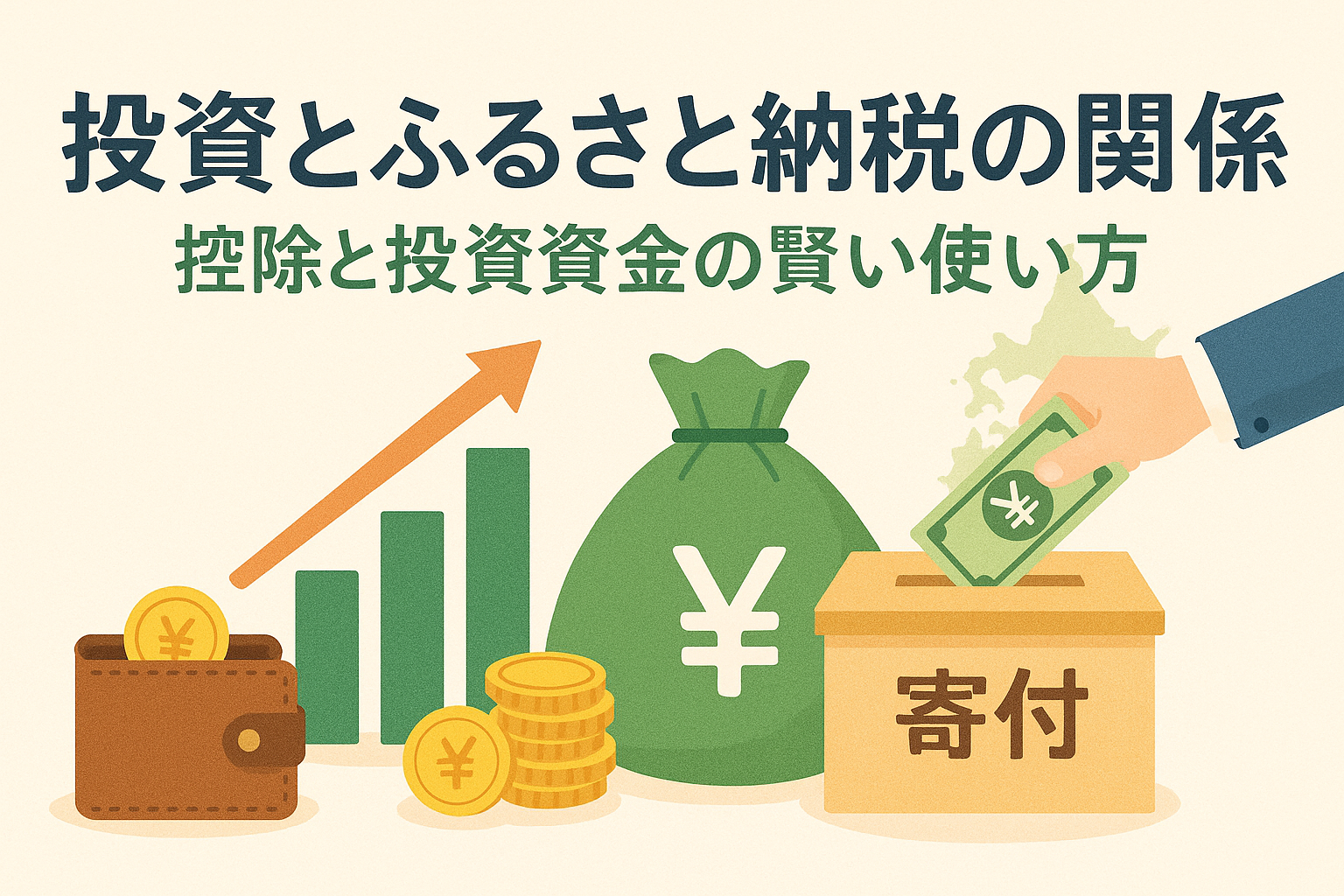 投資とふるさと納税の関係を表現したイラスト。投資による利益と寄附による控除の仕組みを、グラフ・コイン・寄付箱で示したデザイン。