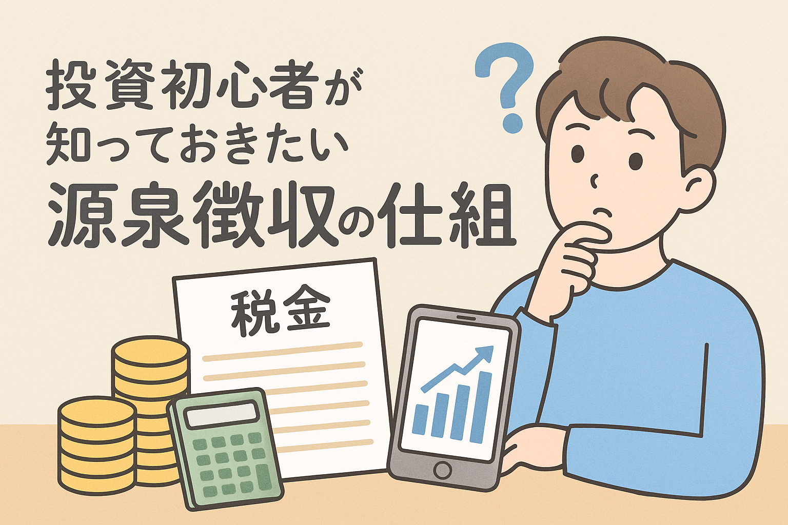 投資初心者向けに源泉徴収の仕組みを解説するイラスト。税金の書類、電卓、コイン、スマートフォンの株価チャートを組み合わせたデザイン。