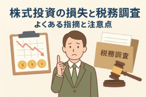 株式投資の損失と税務調査をテーマにしたイラスト。下落チャート、税務調査の書類、考え込む投資家を描いたデザイン。