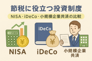 節税に役立つ投資制度を比較するイラスト。NISA、iDeCo、小規模企業共済を表すアイコンや人物を配置したデザイン。