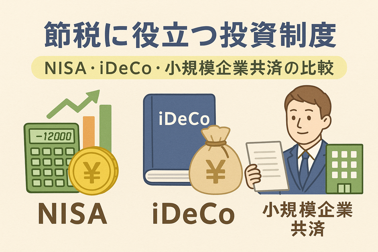 節税に役立つ投資制度を比較するイラスト。NISA、iDeCo、小規模企業共済を表すアイコンや人物を配置したデザイン。