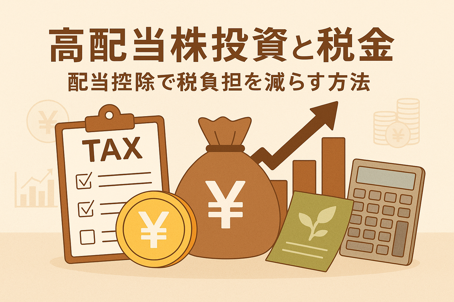 高配当株投資と税金をテーマに、配当控除で税負担を減らす方法を表現したイラスト。コイン、電卓、税金チェックリストなどを配置。