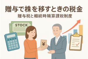 「贈与で株を移すときの税金｜贈与税と相続時精算課税制度」をテーマに、株券や電卓、親子の贈与を表現したイラスト付きアイキャッチ画像。