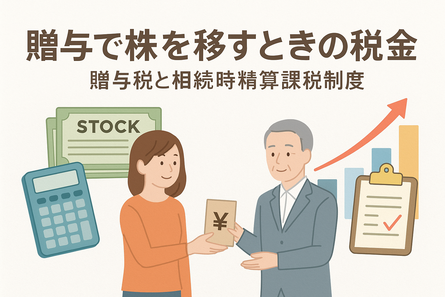 「贈与で株を移すときの税金｜贈与税と相続時精算課税制度」をテーマに、株券や電卓、親子の贈与を表現したイラスト付きアイキャッチ画像。