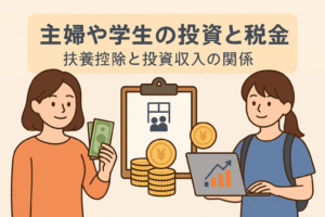 「主婦や学生の投資と税金｜扶養控除と投資収入の関係」をテーマに、主婦と学生が投資やお金を扱う様子を描いたアイキャッチ画像。
