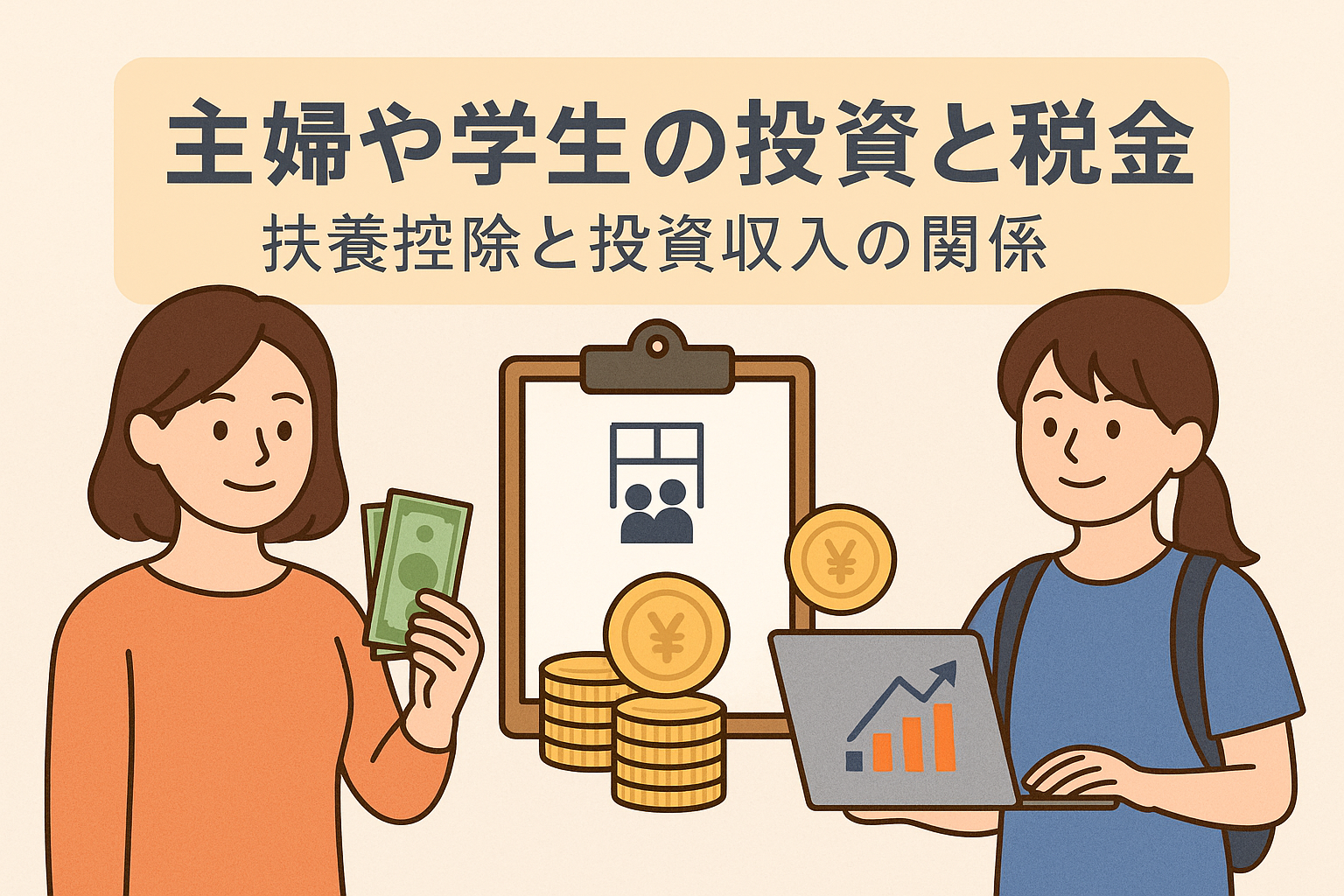 「主婦や学生の投資と税金｜扶養控除と投資収入の関係」をテーマに、主婦と学生が投資やお金を扱う様子を描いたアイキャッチ画像。