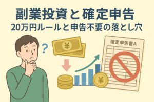 「副業投資と確定申告｜20万円ルールと申告不要の落とし穴」をテーマに、副業投資をする人が確定申告に悩む様子と税金関連のイラストを組み合わせたアイキャッチ画像。