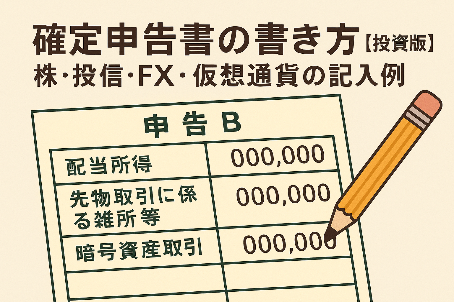 「確定申告書の書き方【投資版】株・投信・FX・仮想通貨の記入例」をテーマに、申告書Bの記入例をイラスト化したアイキャッチ画像。