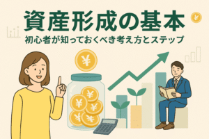 資産形成の基本を解説する記事用アイキャッチ。男女キャラクター、コインの瓶、成長する植物、上昇グラフ、電卓を配置し、初心者向けの資産形成を表現。