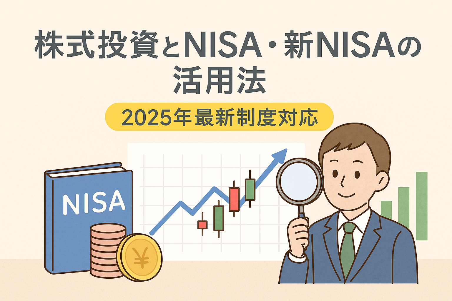 株式投資とNISA・新NISAの活用法を解説する記事用アイキャッチ。NISAの本、コイン、株価チャート、ビジネスマンを描いたイラスト。