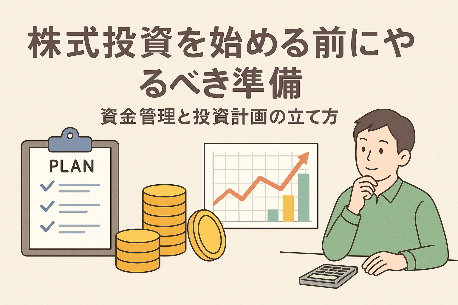 株式投資を始める前の準備をテーマにしたアイキャッチ画像。資金管理と投資計画を象徴するコイン、計画書、グラフ、投資家を描いた親しみやすいデザイン。