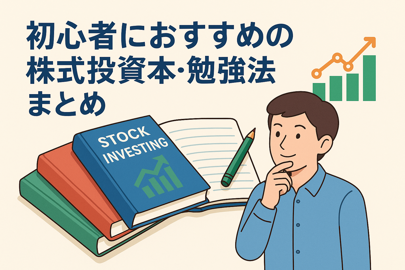 初心者向け株式投資本と勉強法をテーマにしたアイキャッチ画像。投資関連の本、ノートとペン、成長グラフ、考える投資家を描いた親しみやすいデザイン。