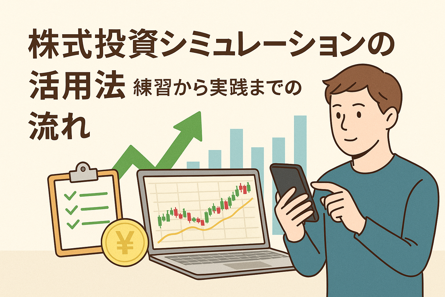 株式投資シミュレーションの活用法をテーマにしたアイキャッチ画像。スマホとパソコンで投資練習を行う人物、上昇グラフやチェックリストを描いた親しみやすいデザイン。