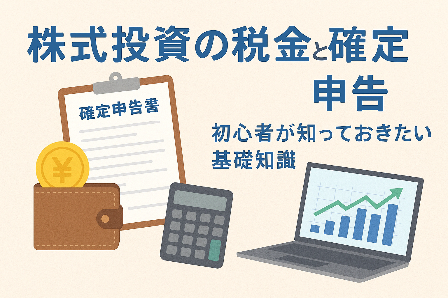 株式投資の税金と確定申告をテーマにしたアイキャッチ画像。確定申告書、電卓、ノートパソコン、財布とコインを描いた親しみやすいデザイン。