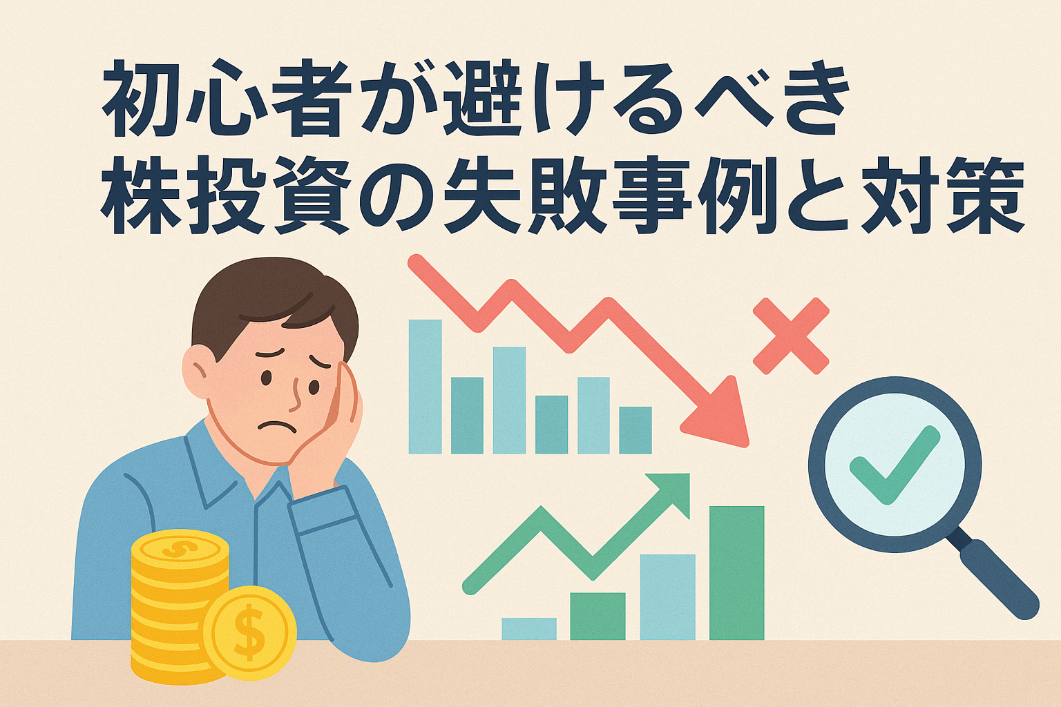 株式投資初心者が避けるべき失敗事例と対策をテーマにしたアイキャッチ画像。悩む投資家、下落チャート、改善策を示すチェックマークを描いた親しみやすいデザイン。