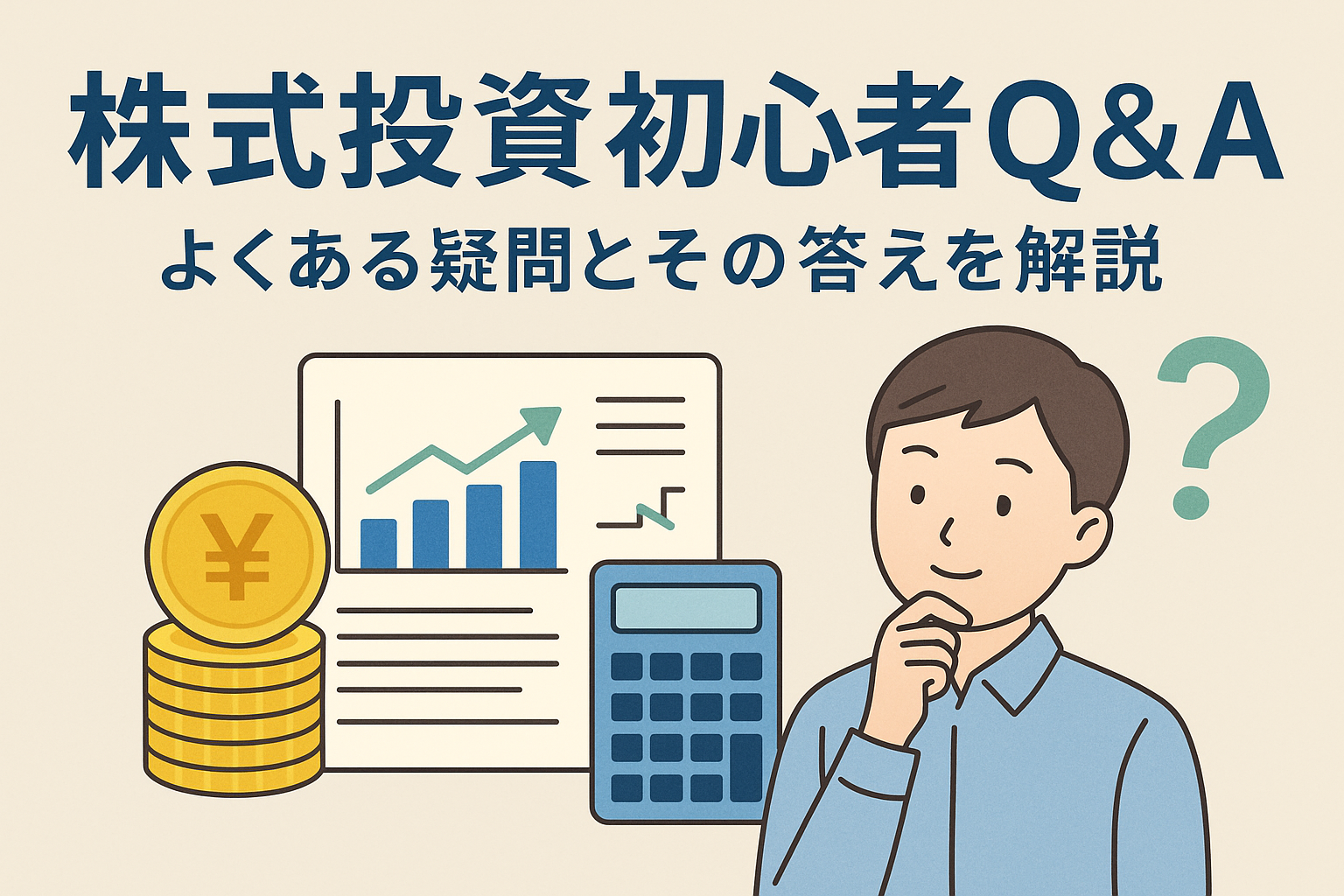 株式投資初心者Q&Aの記事用アイキャッチ。グラフや電卓、コインと考える男性のイラストに「株式投資初心者Q&A よくある疑問とその答えを解説」の文字入り。