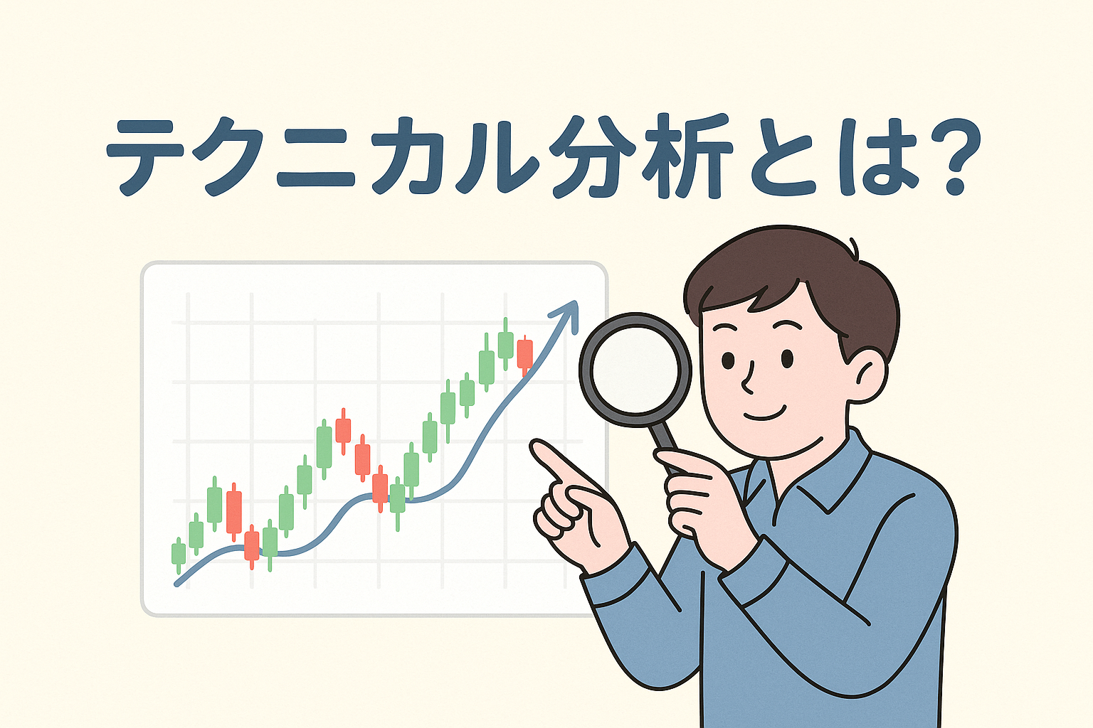 テクニカル分析のイメージイラスト。ローソク足チャートを指しながら説明する男性と上昇トレンドのグラフを描いた親しみやすいデザイン。