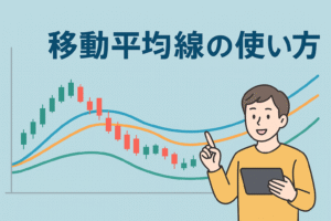 移動平均線の見方と使い方を解説するイメージ。グラフ上に3本の移動平均線とローソク足チャートが描かれ、タブレットを持つ男性が指で説明する親しみやすいデザイン。