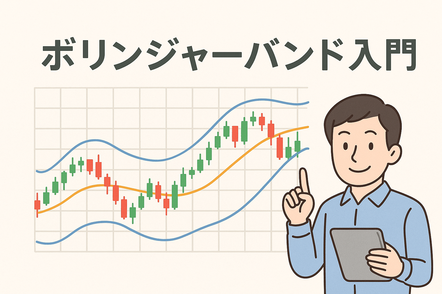 ボリンジャーバンド入門をイメージした図解。ローソク足チャートの上下にボリンジャーバンドの線が描かれ、タブレットを持った男性が指でトレンドを指し示す親しみやすいデザイン。