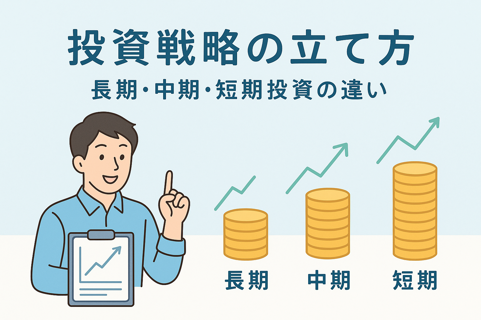 投資戦略の立て方をテーマに、長期・中期・短期投資の違いを図解したアイキャッチ画像。グラフとコインのイラストで投資期間の違いをわかりやすく表現。