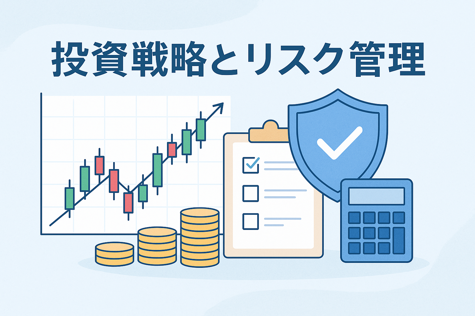 投資戦略とリスク管理をテーマにしたアイキャッチ画像。上昇するローソク足チャート、盾のアイコン、電卓、チェックリスト、金貨のイラストを組み合わせ、資産運用と安全性を表現している。