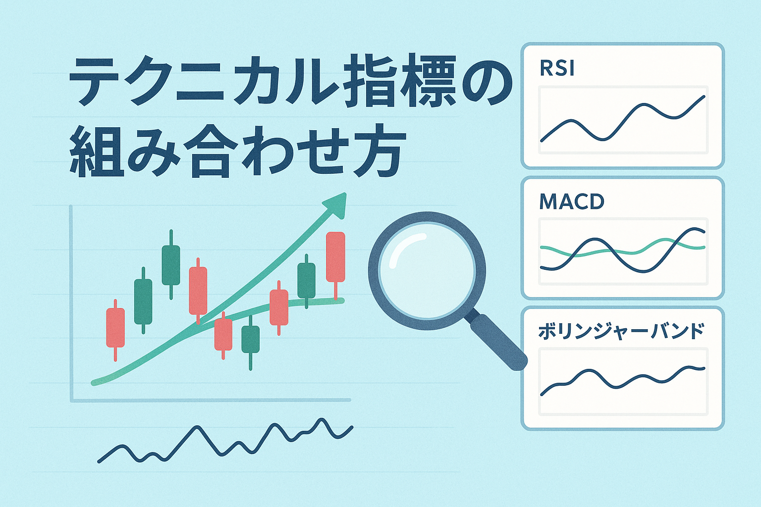 テクニカル指標の組み合わせ方をテーマにしたアイキャッチ画像。ローソク足チャートや移動平均線、RSI・MACD・ボリンジャーバンドなどのグラフが描かれ、中央に「テクニカル指標の組み合わせ方」と書かれた親しみやすいデザイン。投資初心者にもわかりやすい構成。