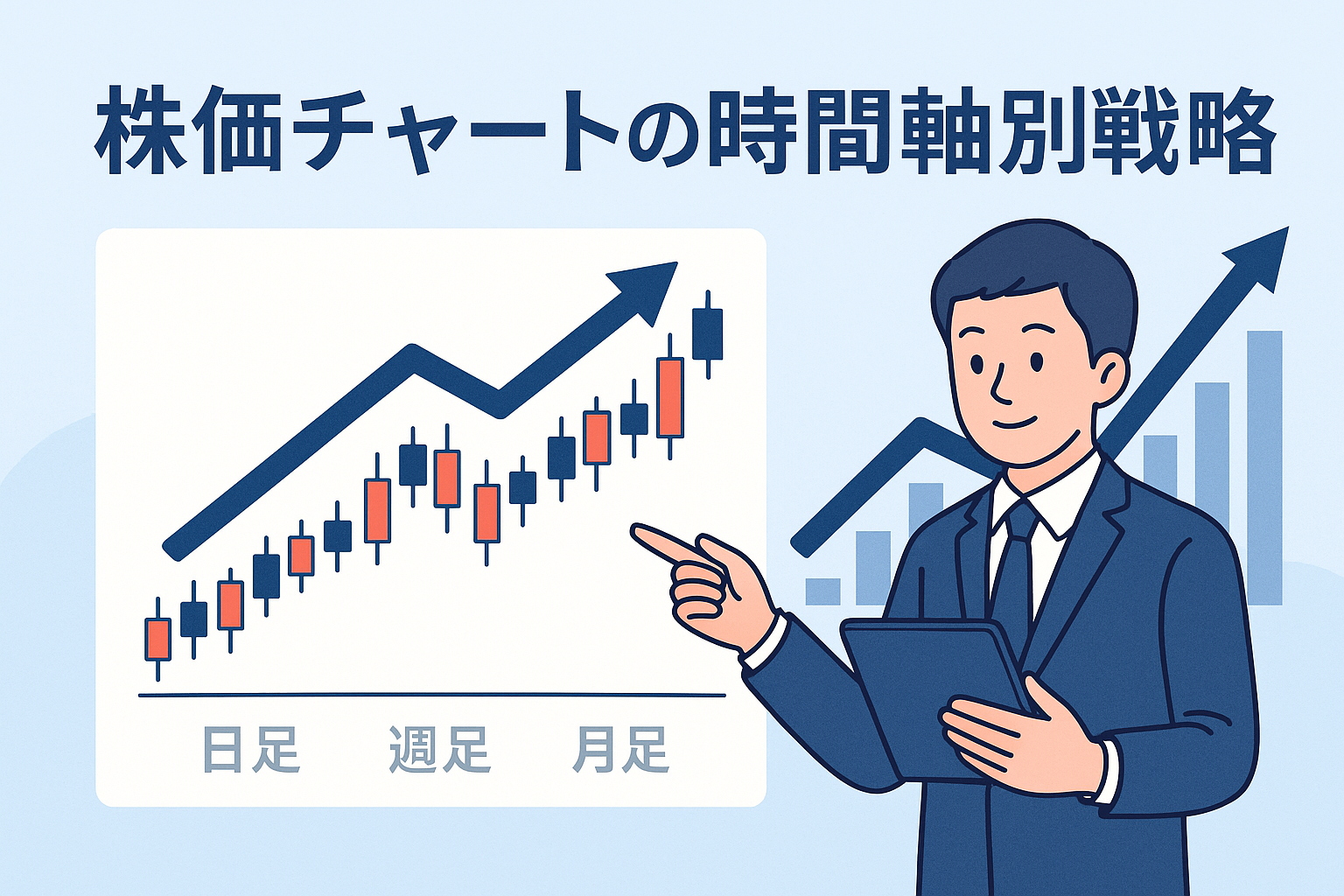 株価チャートの時間軸別戦略をテーマにしたアイキャッチ画像。日足・週足・月足を示す上昇チャートを背景に、スーツ姿の男性がタブレットを使って説明しているイラスト。淡いブルーを基調とした清潔感のあるデザインで、投資初心者にも親しみやすい構図。
