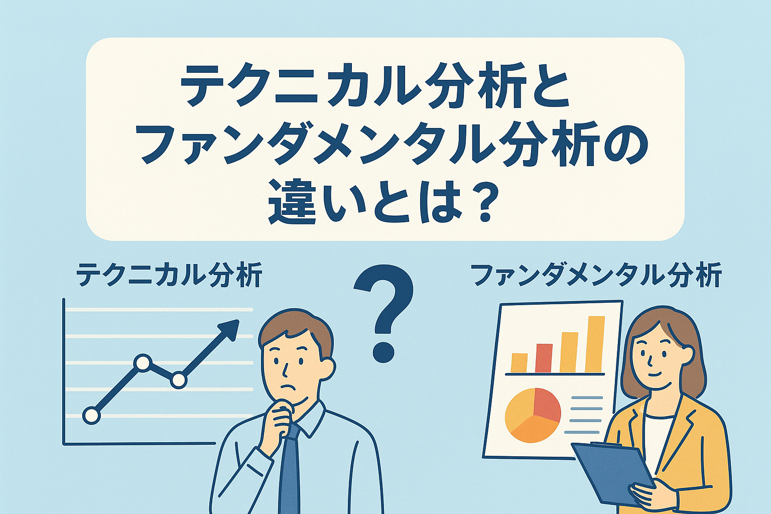 テクニカル分析とファンダメンタル分析の違いを比較するイラスト。左にチャートを見つめる男性、右に企業データを持つ女性が描かれ、投資分析の違いをわかりやすく表現している。