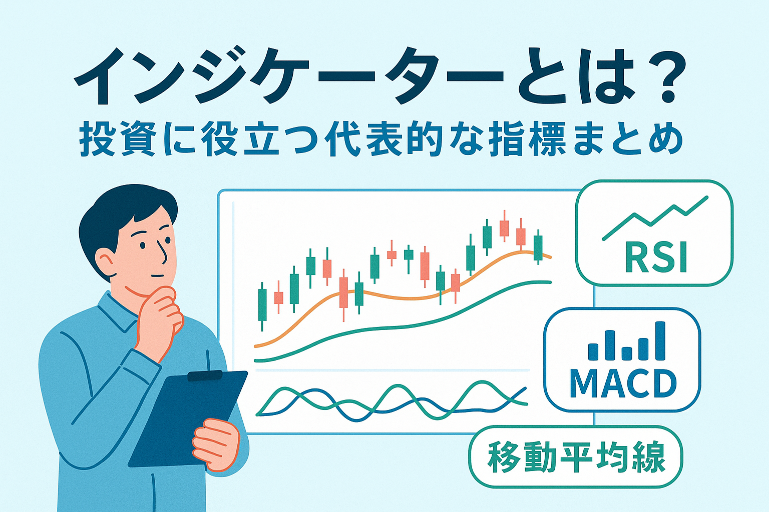 投資で使われるインジケーターをイメージしたイラスト。RSI・MACD・移動平均線などの指標を背景に、チャートを見ながら分析する男性が描かれており、投資分析の基礎をわかりやすく表現している。