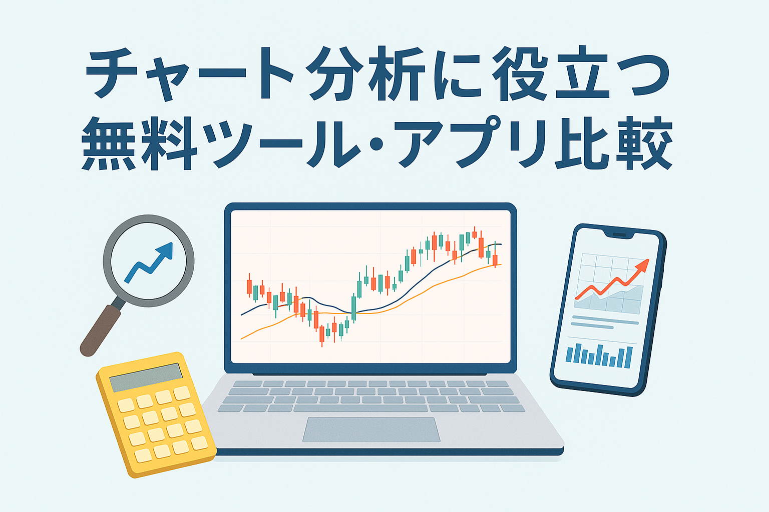 株価チャートを表示したパソコンとスマートフォン、虫眼鏡や電卓が並ぶイラスト。チャート分析に役立つ無料ツール・アプリを紹介する記事のイメージ。