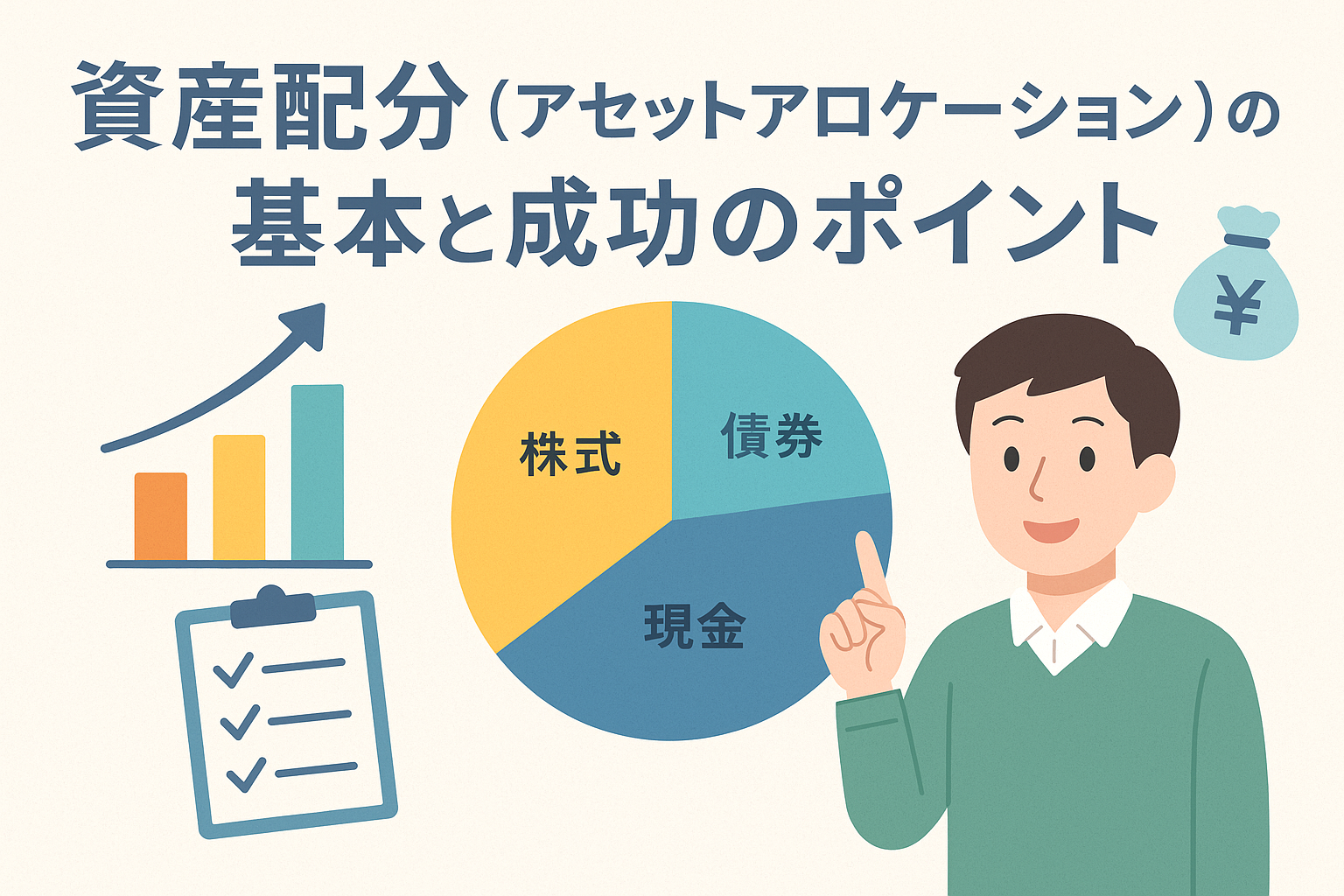 資産配分（アセットアロケーション）をテーマに、株式・債券・現金の割合を示す円グラフと投資を学ぶ男性のイラスト。投資のバランスと成功のポイントを表現している。