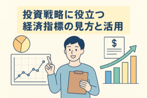投資戦略に役立つ経済指標の見方と活用法をテーマに、グラフや円チャート、上昇矢印を背景にした男性のイラスト。経済データを分析して投資判断に活かすイメージを表現。