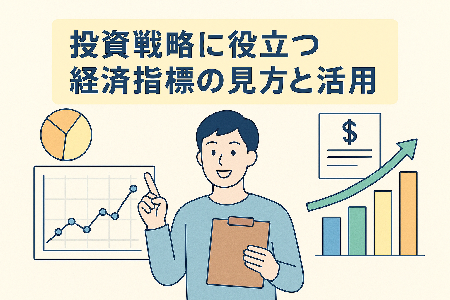 投資戦略に役立つ経済指標の見方と活用法をテーマに、グラフや円チャート、上昇矢印を背景にした男性のイラスト。経済データを分析して投資判断に活かすイメージを表現。