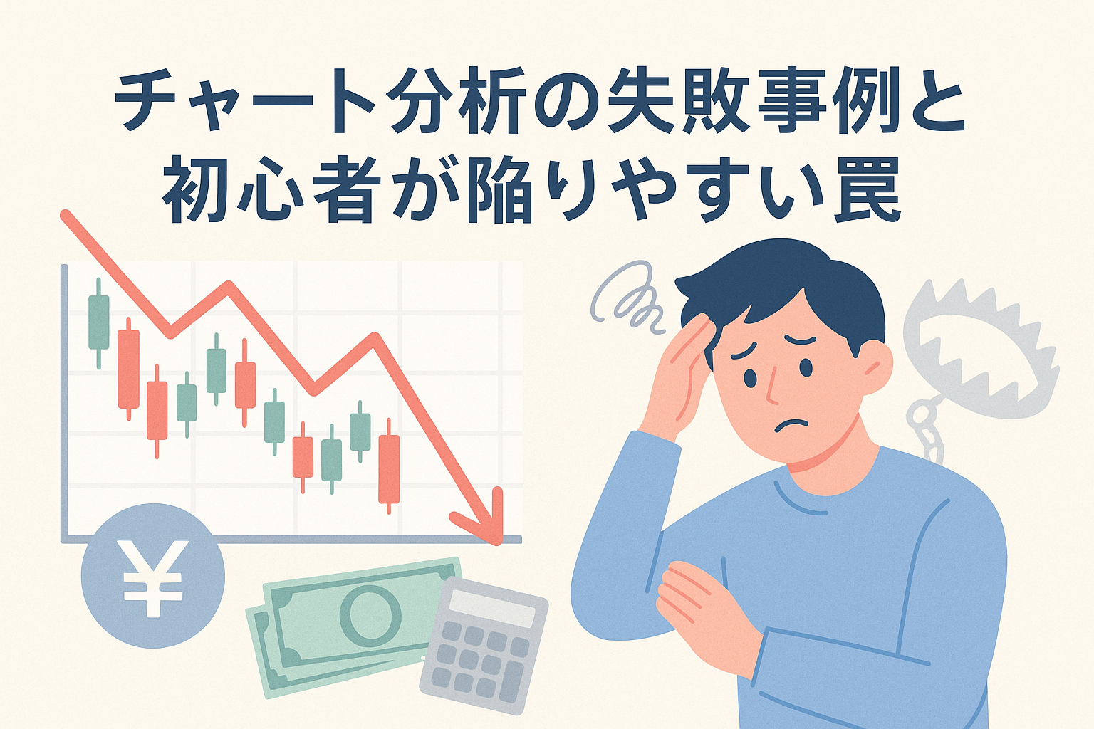 株価チャートが下落し、頭を抱える男性のイラスト。チャート分析の失敗や投資初心者が陥りやすい罠をイメージした構図で、投資の注意喚起を表現している。