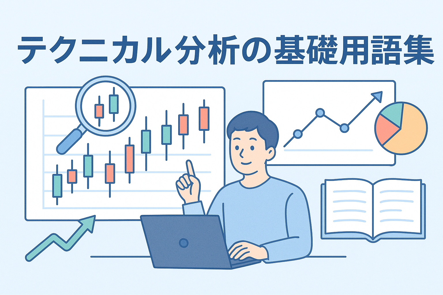 テクニカル分析の基礎用語を学ぶ男性が、ローソク足チャートやグラフを見ながらパソコンで分析しているイラスト。初心者にもわかりやすい投資学習のイメージ。