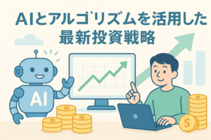 AIロボットと投資家が上昇グラフを見ながら投資戦略を考えているイラスト。AIとアルゴリズムを活用した投資を象徴するデザインで、未来的で親しみやすい印象。