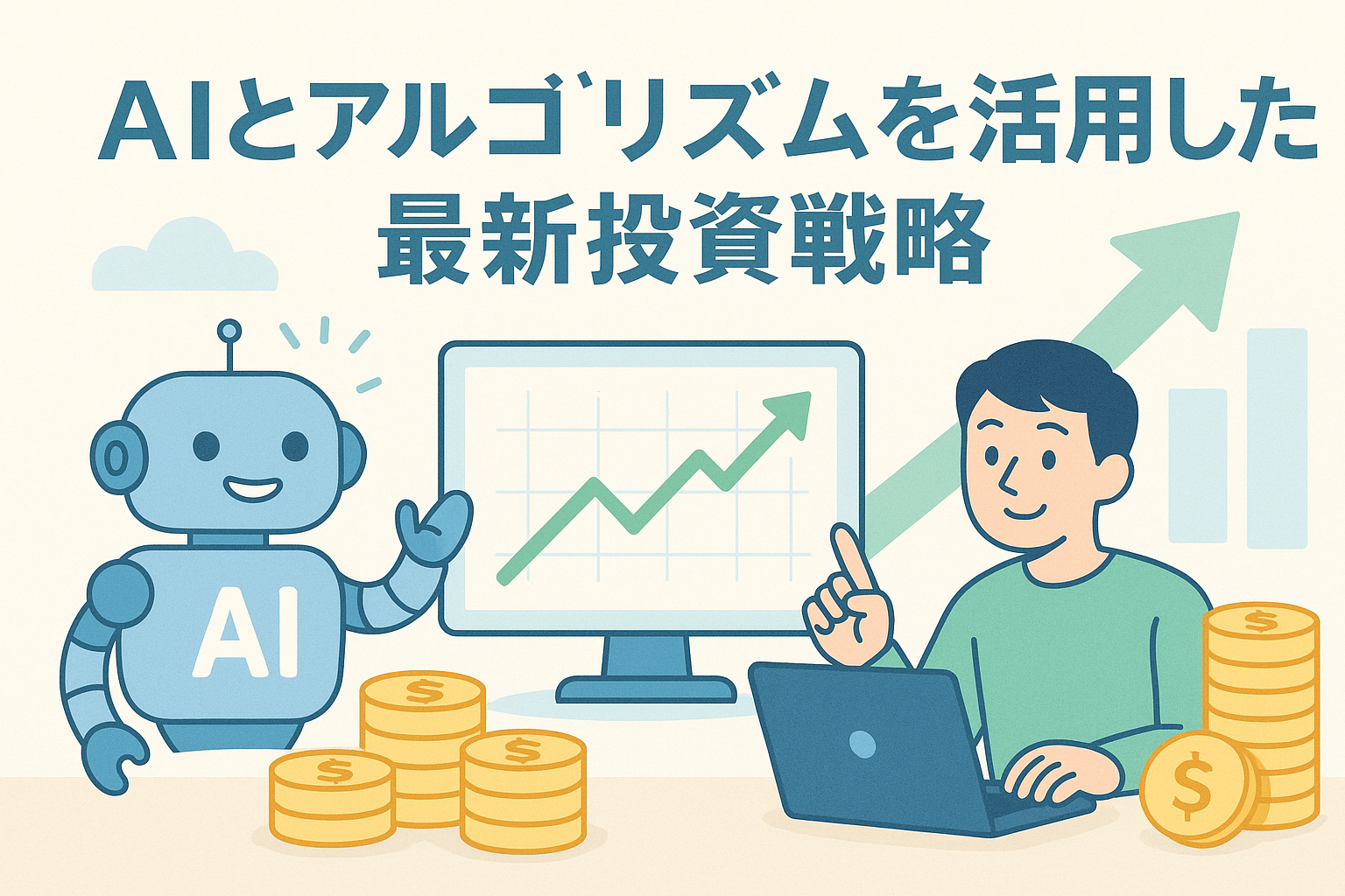 AIロボットと投資家が上昇グラフを見ながら投資戦略を考えているイラスト。AIとアルゴリズムを活用した投資を象徴するデザインで、未来的で親しみやすい印象。