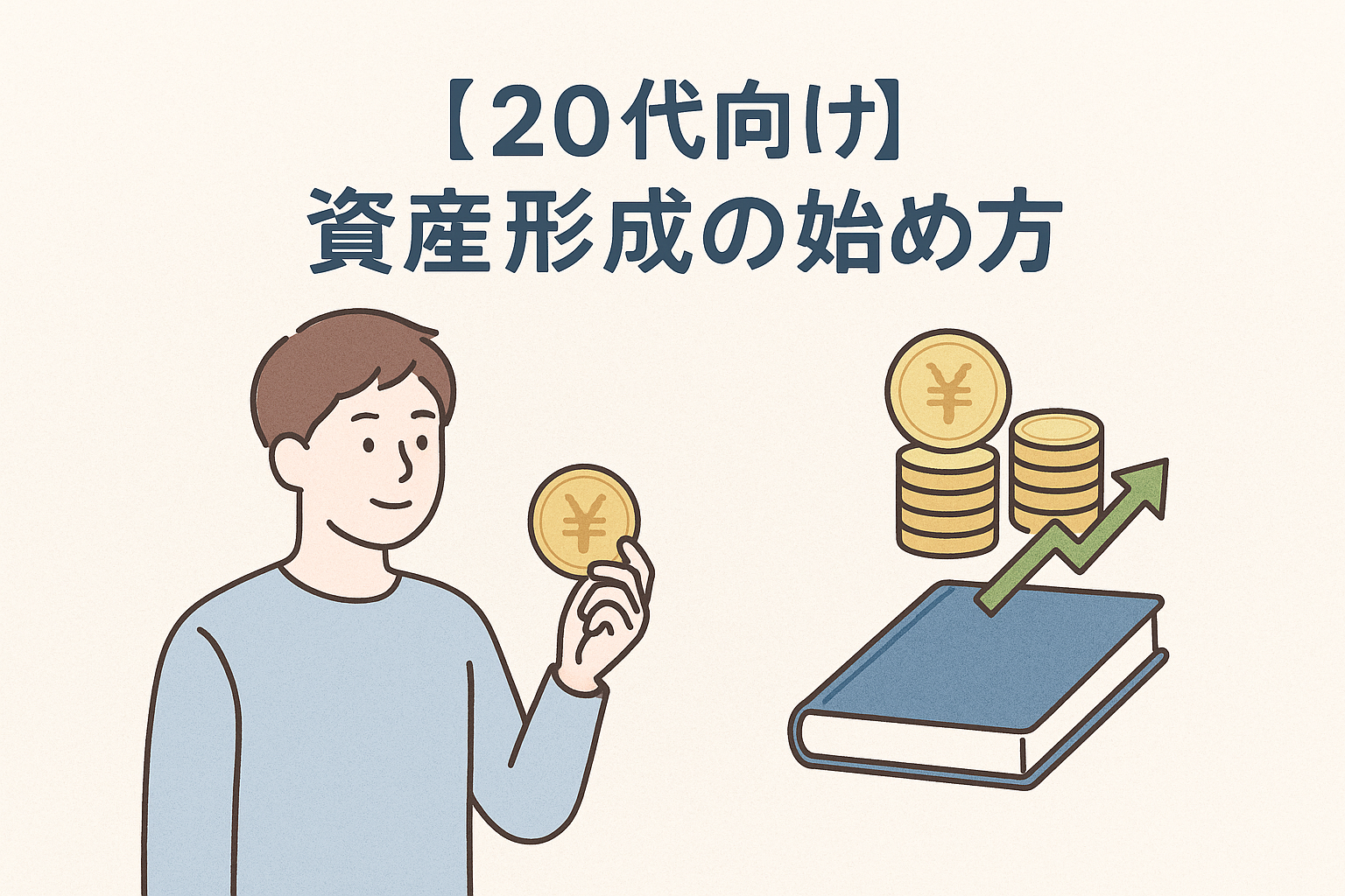 20代の男性がコインを手に資産形成を考える様子を描いたイラスト。コインとグラフ、家計簿のアイコンが配置され、投資や貯蓄の成長をイメージさせるデザイン。
